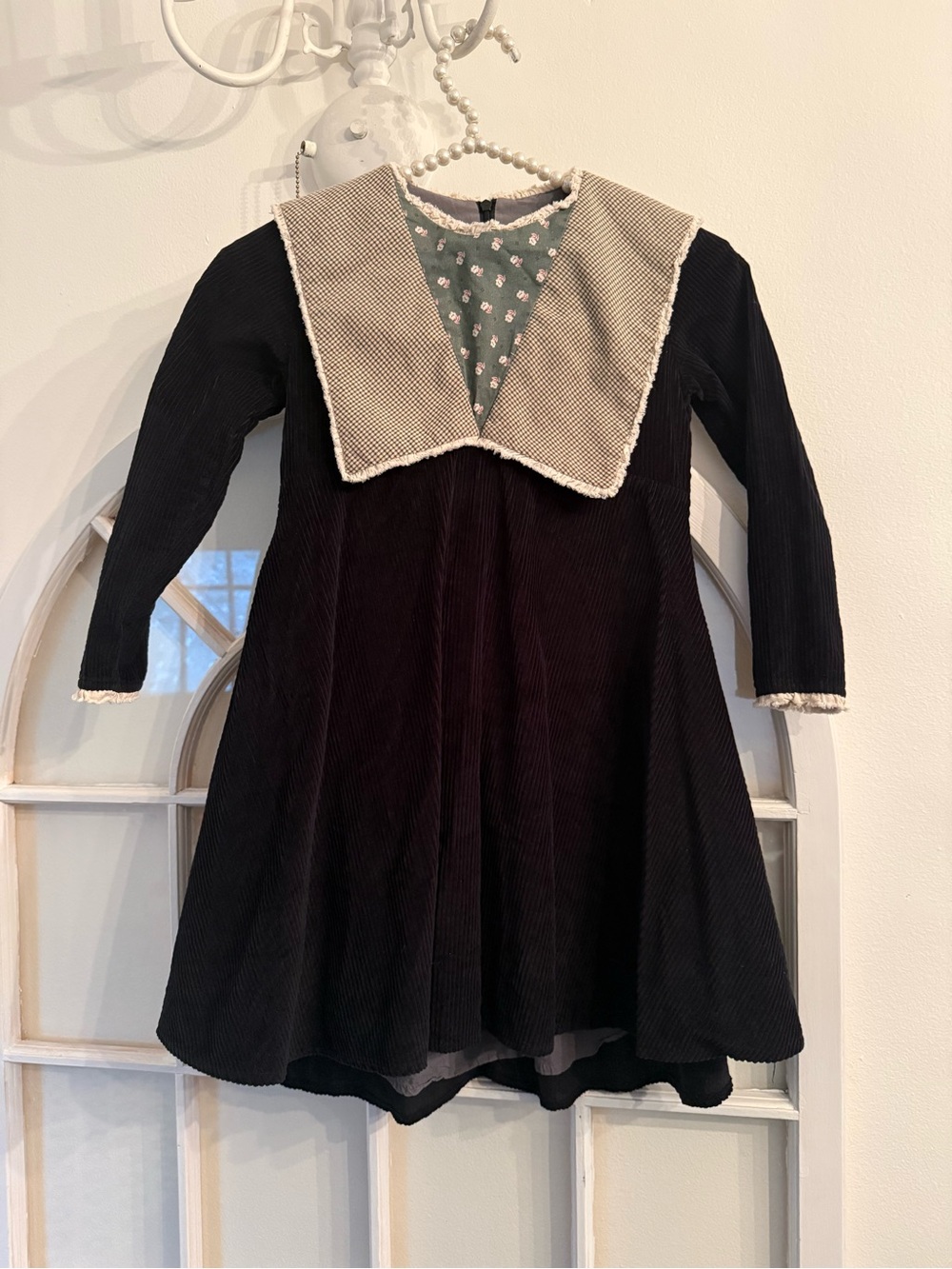 Popelin Spain Black Corduroy Cape Dress with Gingham & Floral Collar Victorian